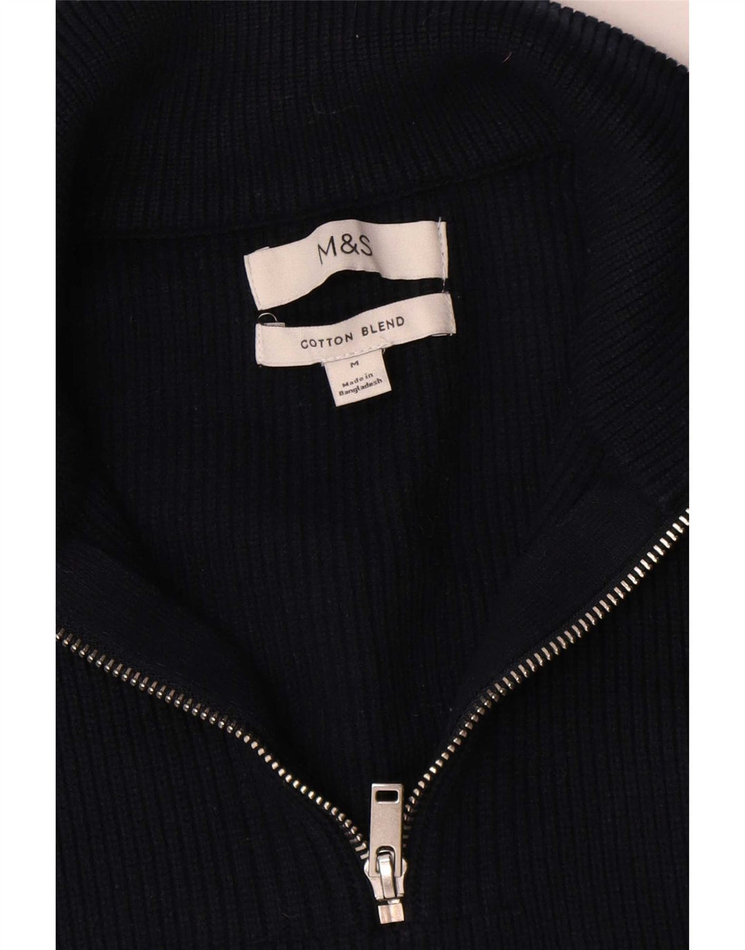 Suéter masculino Marks & Spencer com zíper e gola alta de algodão azul marinho médio