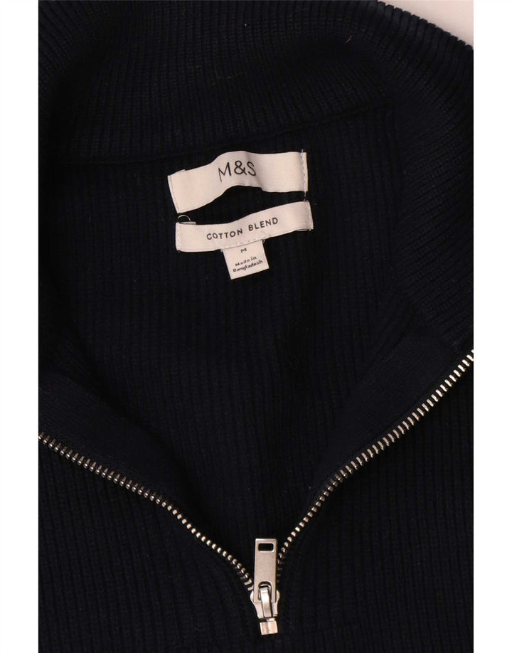 Suéter masculino Marks & Spencer com zíper e gola alta de algodão azul marinho médio