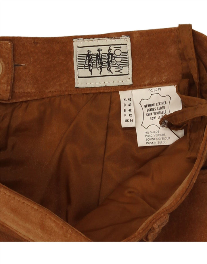 Saia feminina vintage de camurça Reino Unido 14 médio W29 couro marrom