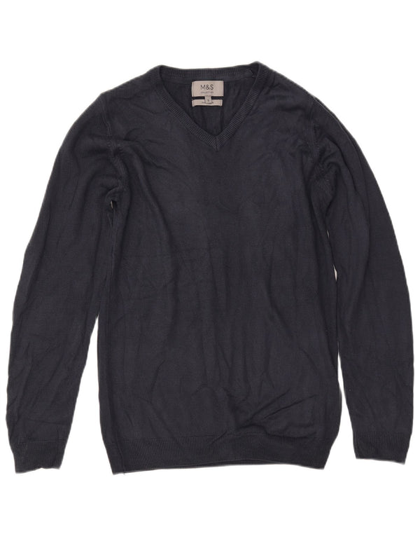 MARKS & SPENCER Suéter feminino com decote em V Reino Unido 10 pequeno azul marinho acrílico