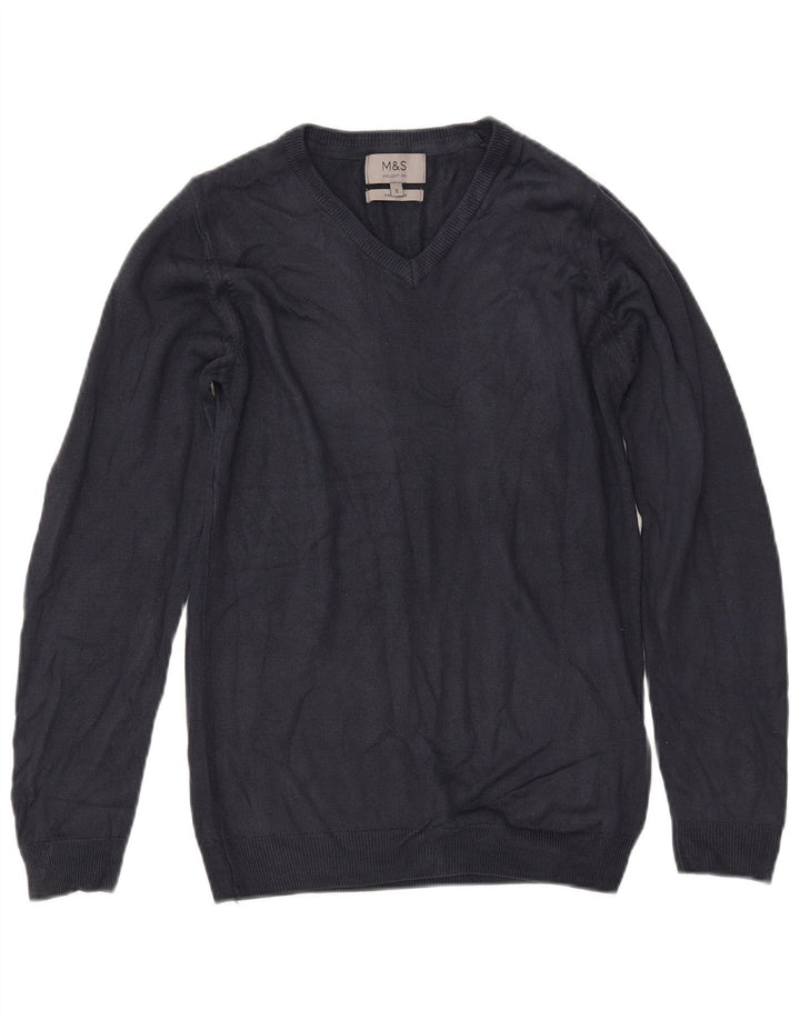 MARKS & SPENCER Suéter feminino com decote em V Reino Unido 10 pequeno azul marinho acrílico