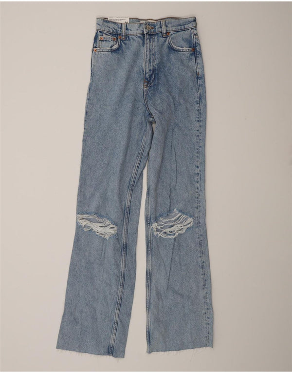 Zara Calça jeans feminina cintura alta desgastada com perna larga EU 34 2XS W24 L32 azul anos 90
