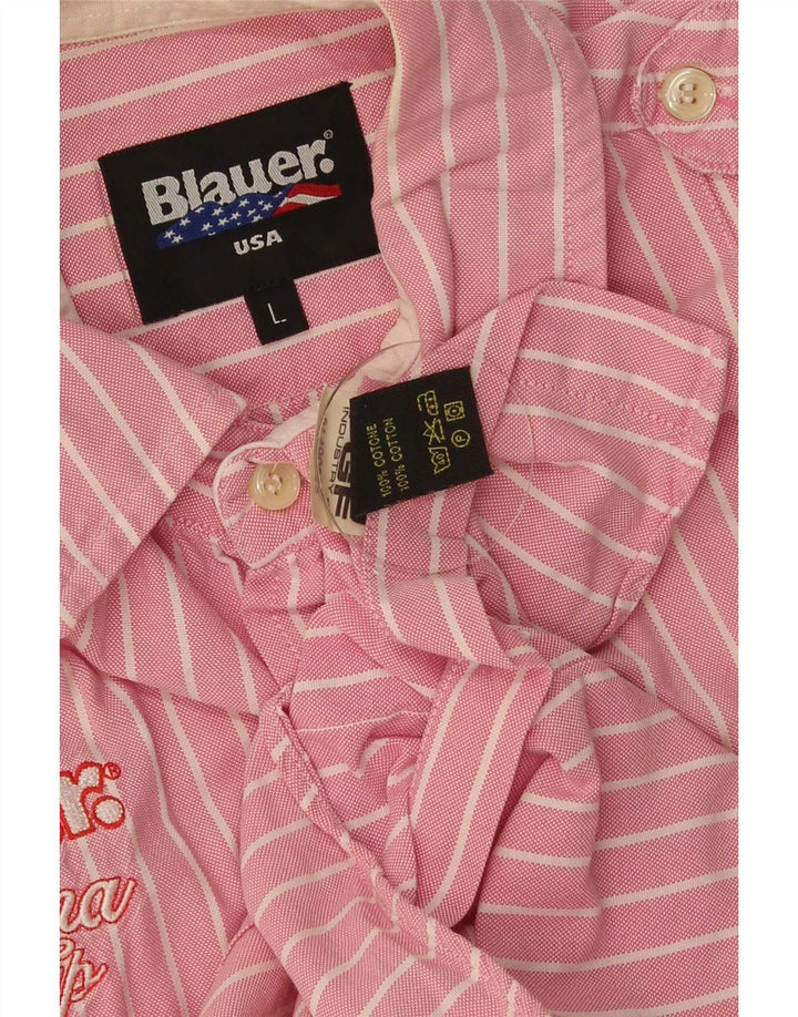 Camisa masculina Blauer gráfica de manga curta grande algodão listrado rosa