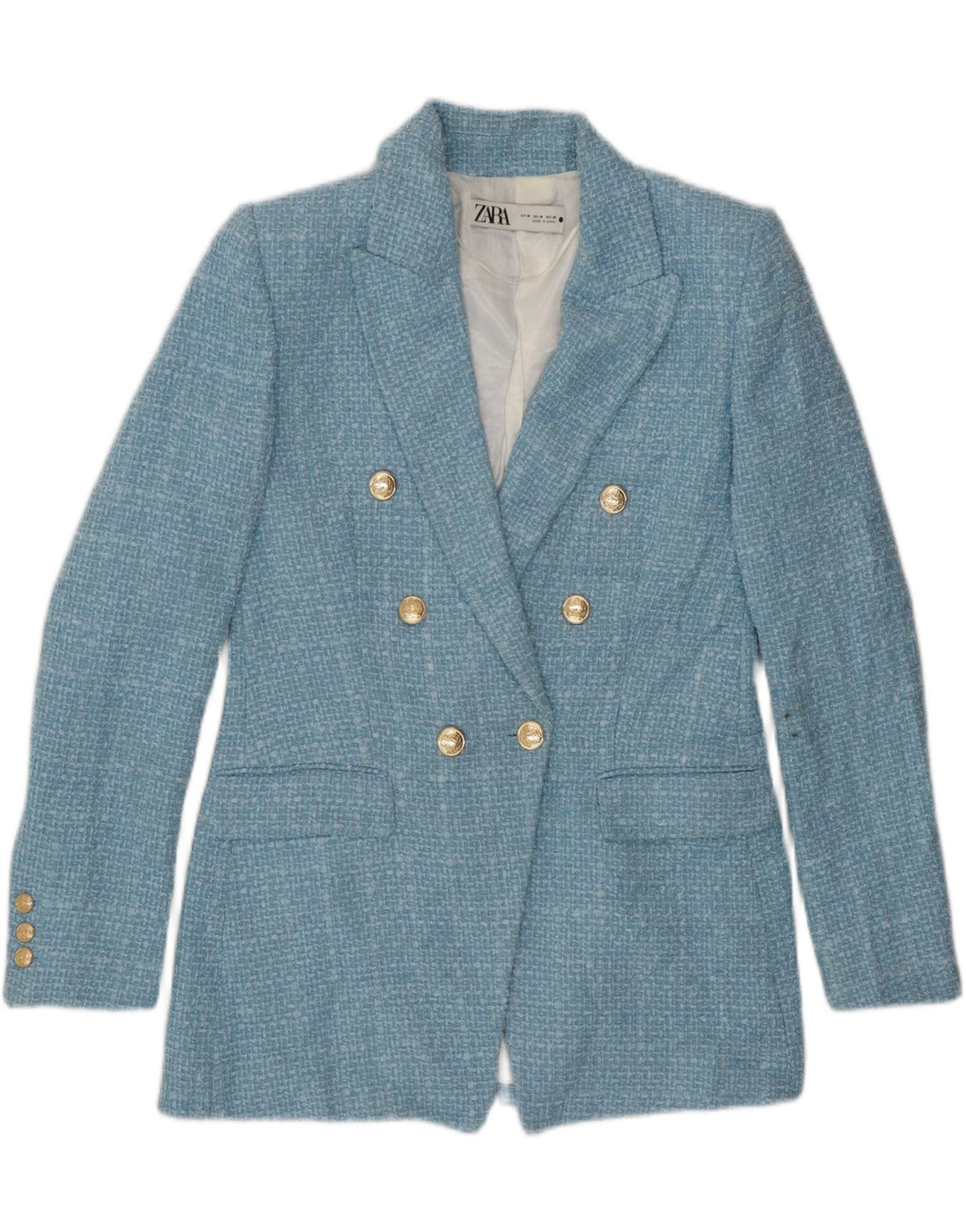 Jaqueta blazer feminina Zara com peito duplo Reino Unido 14 poliéster xadrez azul médio