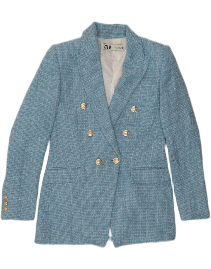 Jaqueta blazer feminina Zara com peito duplo Reino Unido 14 poliéster xadrez azul médio
