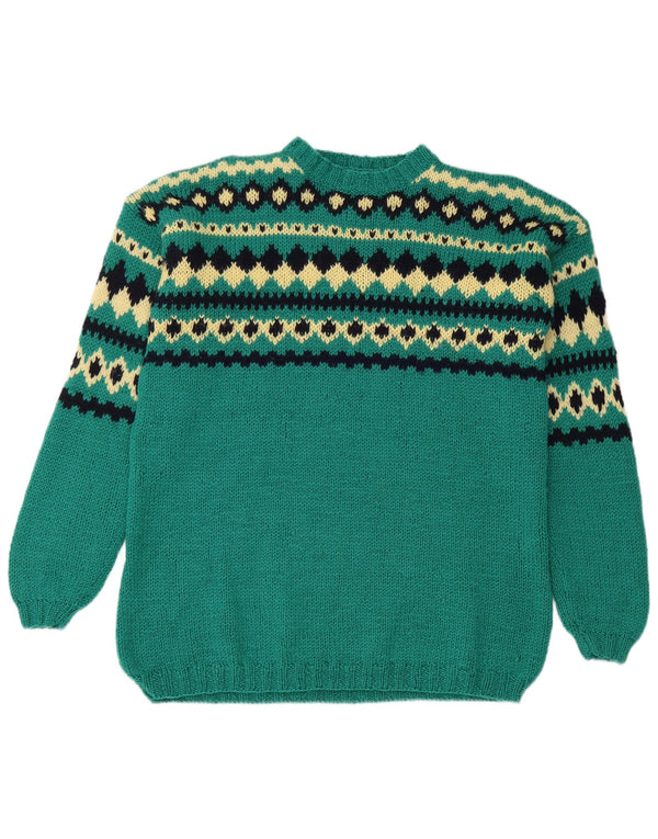 Suéter feminino VINTAGE com gola redonda Reino Unido 14 grande verde Fair Isle