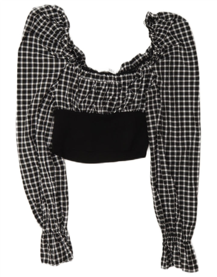 Zara Top feminino de manga comprida UK 12 médio preto guingão poliamida