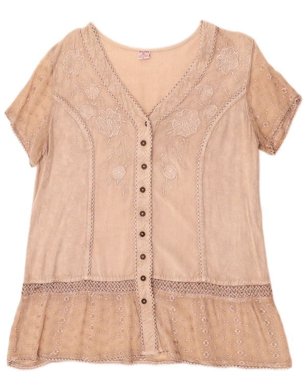 Blusa feminina vintage de manga curta UK 14 Viscose floral bege médio