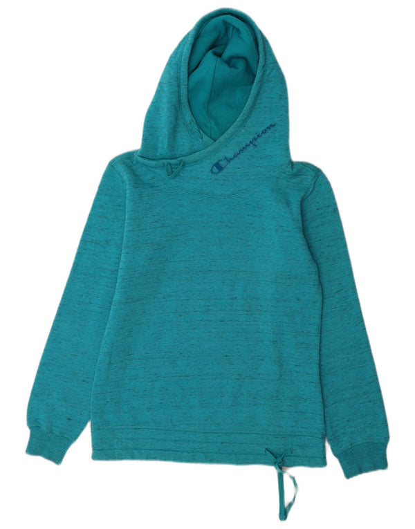 Jumper feminino com capuz gráfico Champion UK 10 pequeno algodão manchado azul