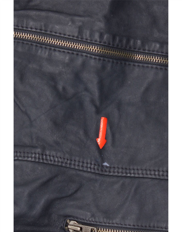 Jaqueta de couro com capuz feminino Superdry Reino Unido 14 couro azul marinho médio