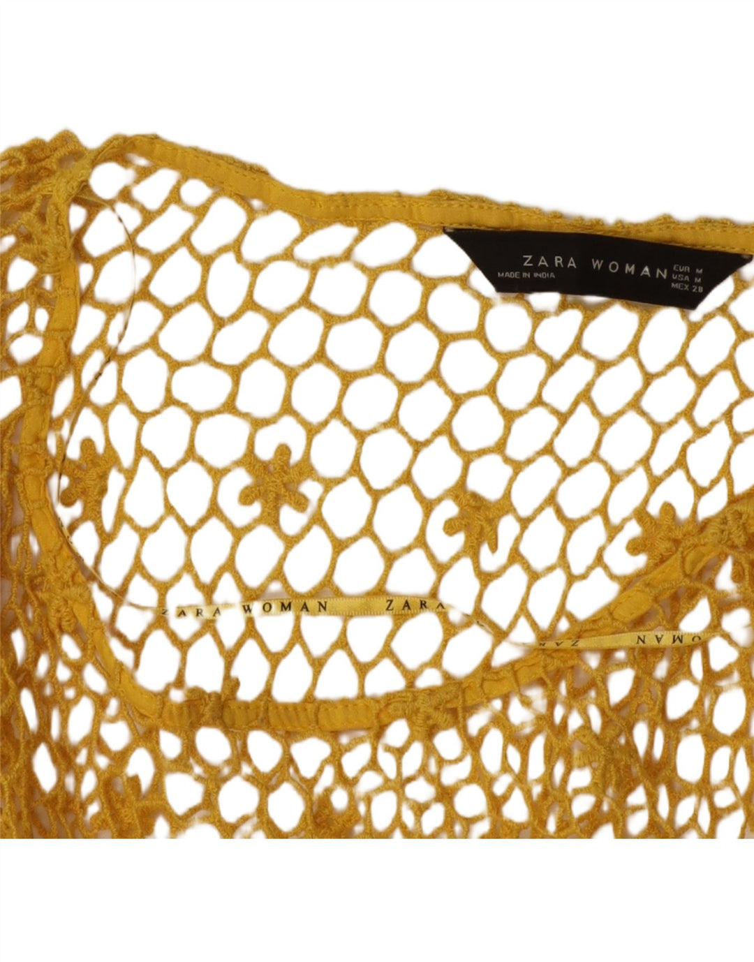 Top feminino de crochê transparente Zara manga 3/4 Reino Unido 14 amarelo médio