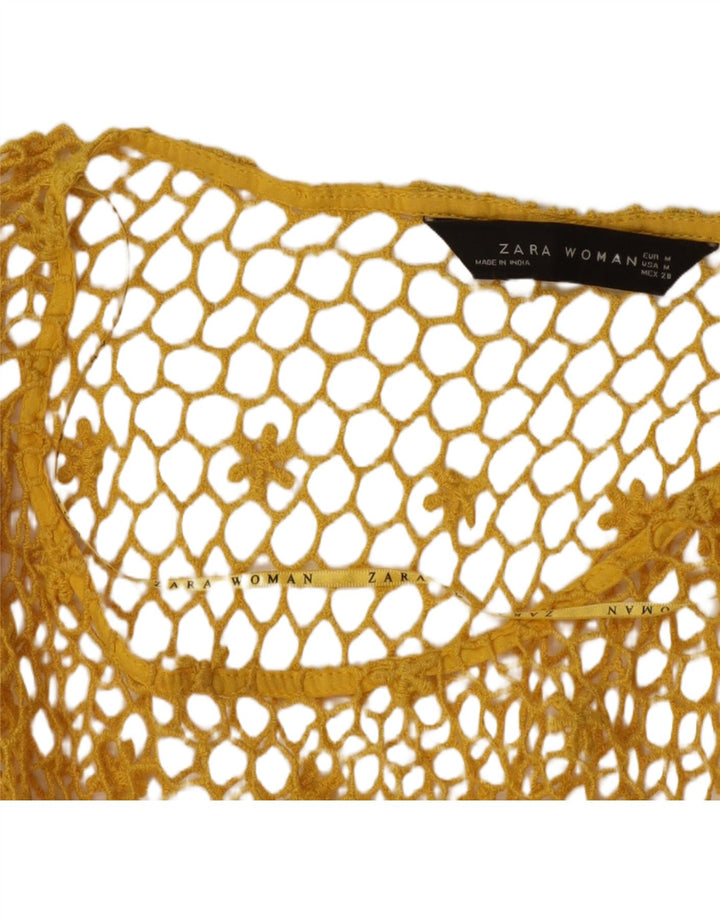 Top feminino de crochê transparente Zara manga 3/4 Reino Unido 14 amarelo médio