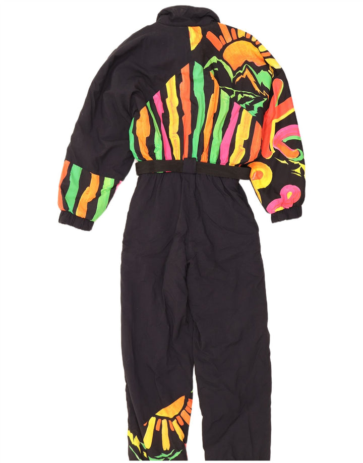 Macacão de esqui vintage feminino com padrão abstrato UK 12 poliamida preta média