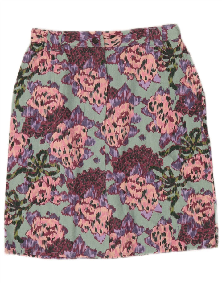 Saia reta feminina VINTAGE de cintura alta W28 algodão floral verde médio