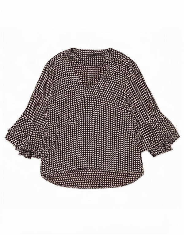 Zara blusa feminina manga 3/4 top UK 16 grande preto houndstooth viscose