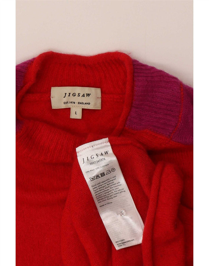 Suéter feminino Jigsaw com gola tartaruga Reino Unido 16 grande bloco colorido vermelho