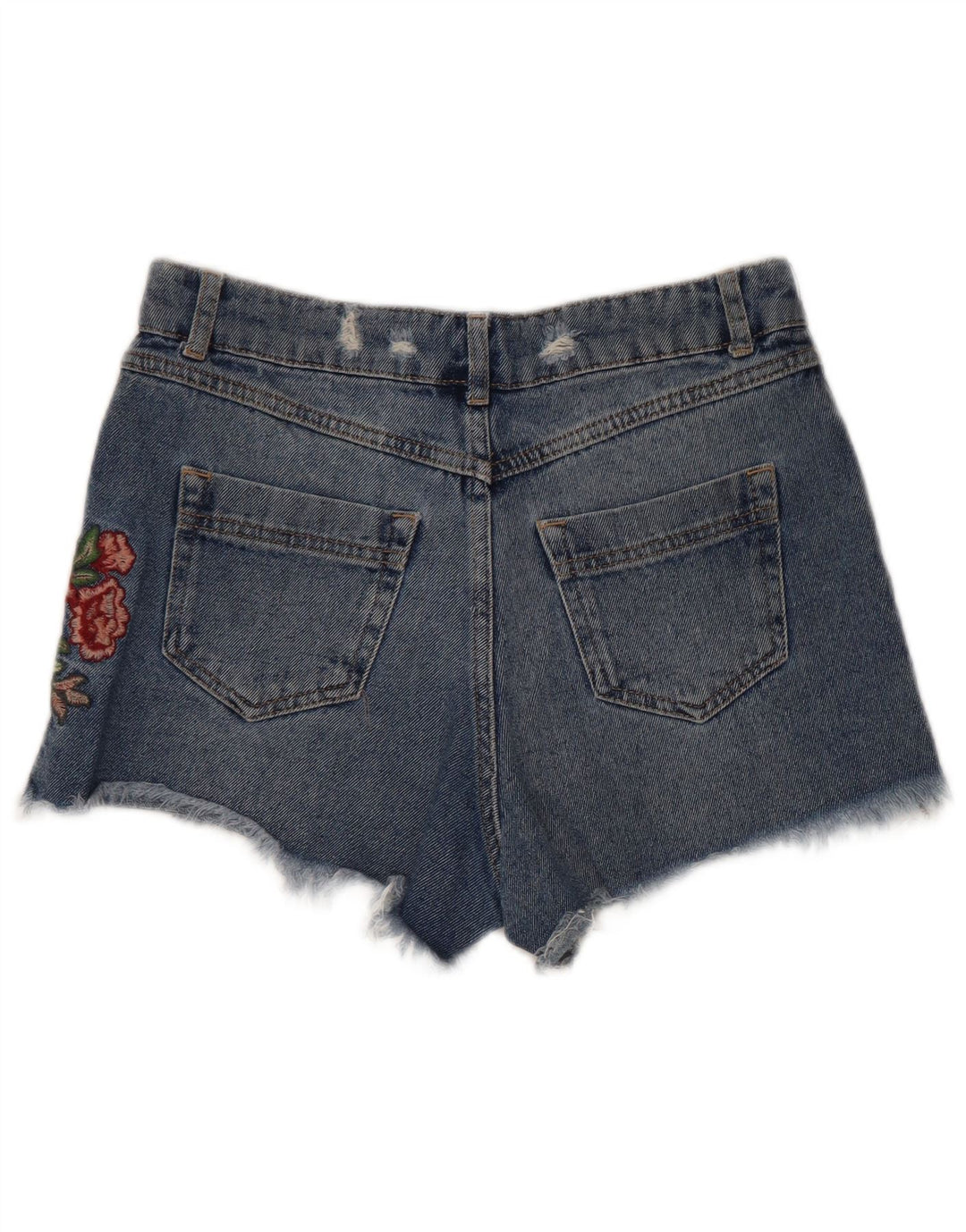 Shorts jeans feminino Benetton com estampa gráfica envelhecida W28 azul médio floral