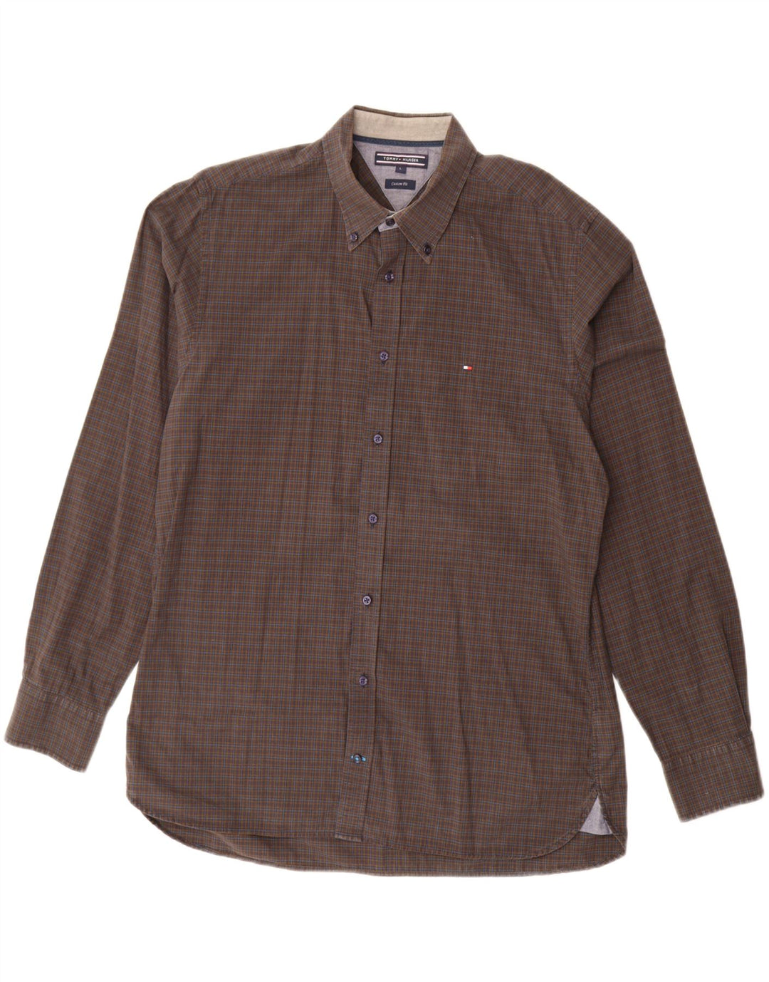 Camisa masculina Tommy Hilfiger Custom Fit grande algodão xadrez marrom