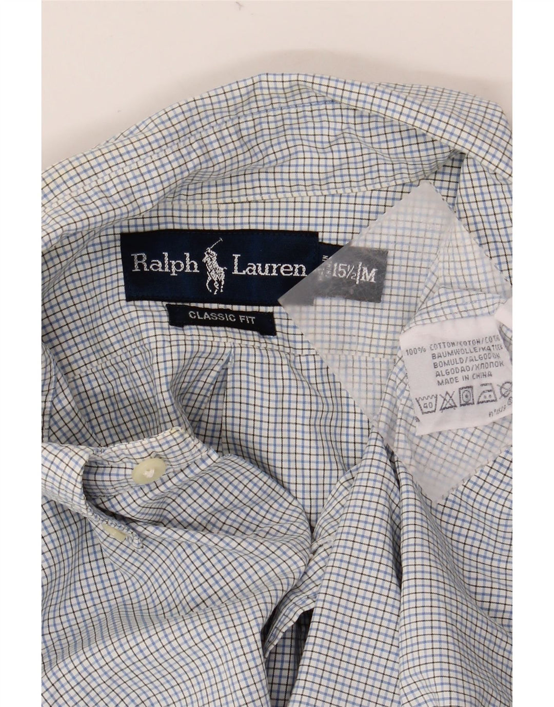 Camisa masculina RALPH LAUREN tamanho 15 1/2 algodão guingão azul médio