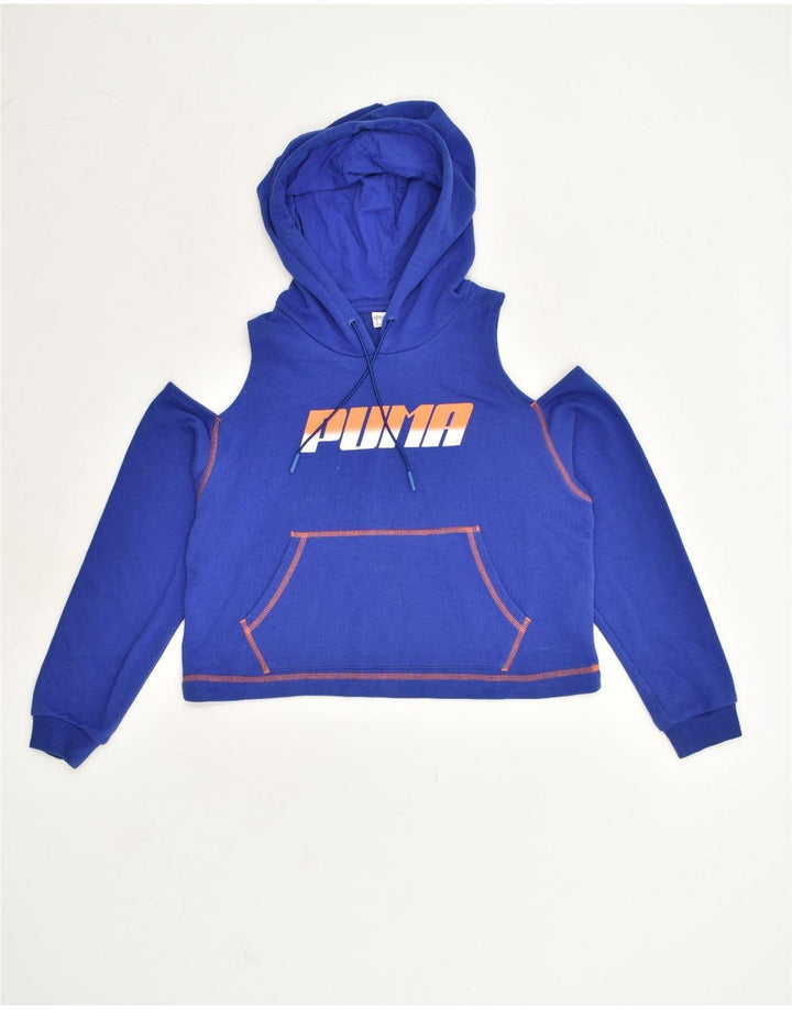 PUMA Womens Oversized Graphic Hoodie Jumper UK 6 XS Blue Cotton | Vintage Puma | Thrift | Second-Hand Puma | Used Clothing | Messina Hembry 