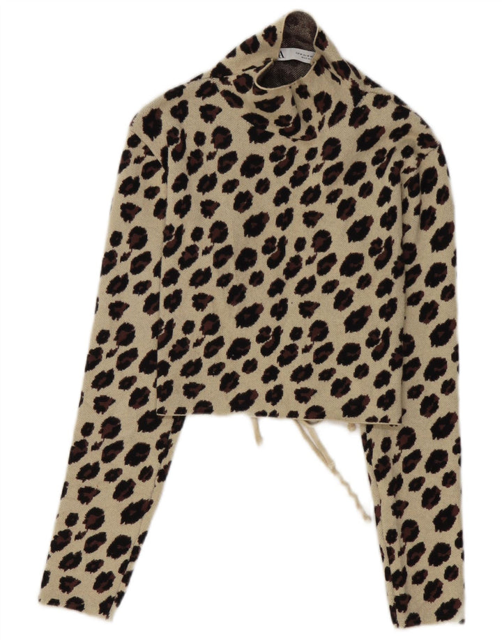 Zara blusa feminina cropped manga comprida top Reino Unido 12 bege médio estampa animal