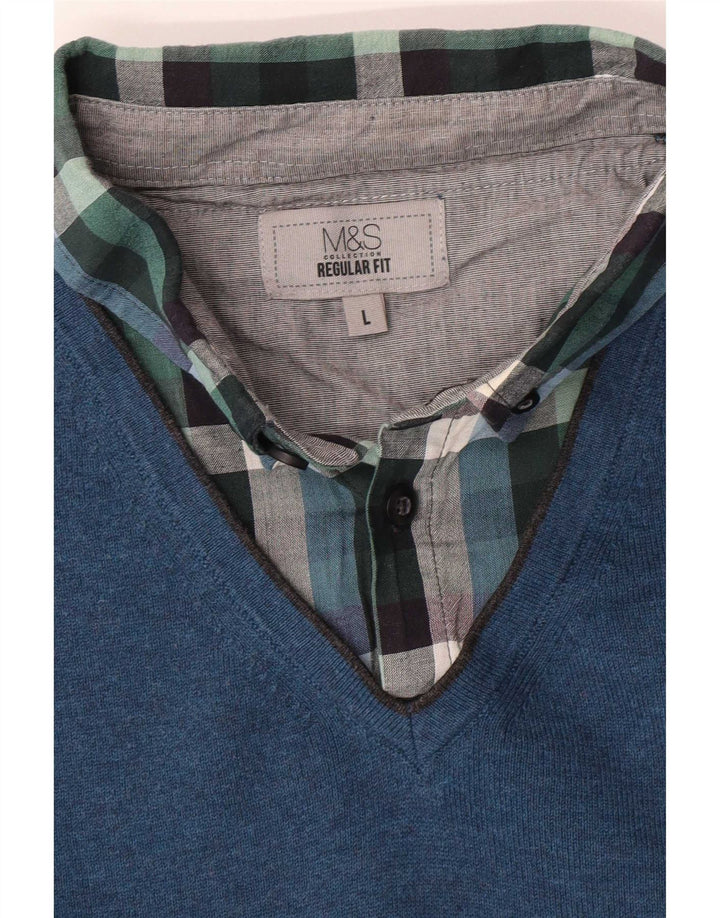 Suéter masculino Marks & Spencer regular fit com gola polo grande azul