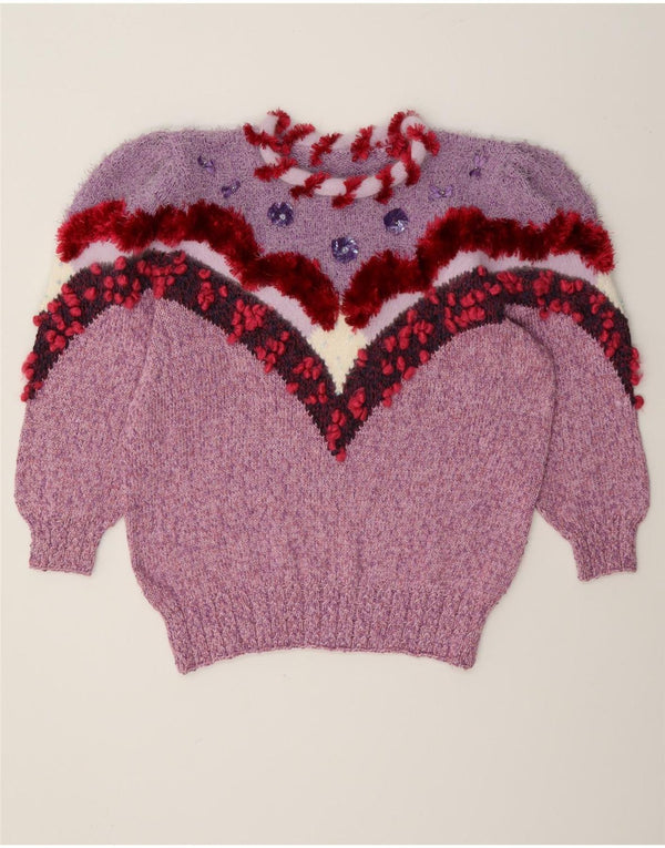 Suéter feminino vintage com gola redonda UK 14 médio roxo novidade