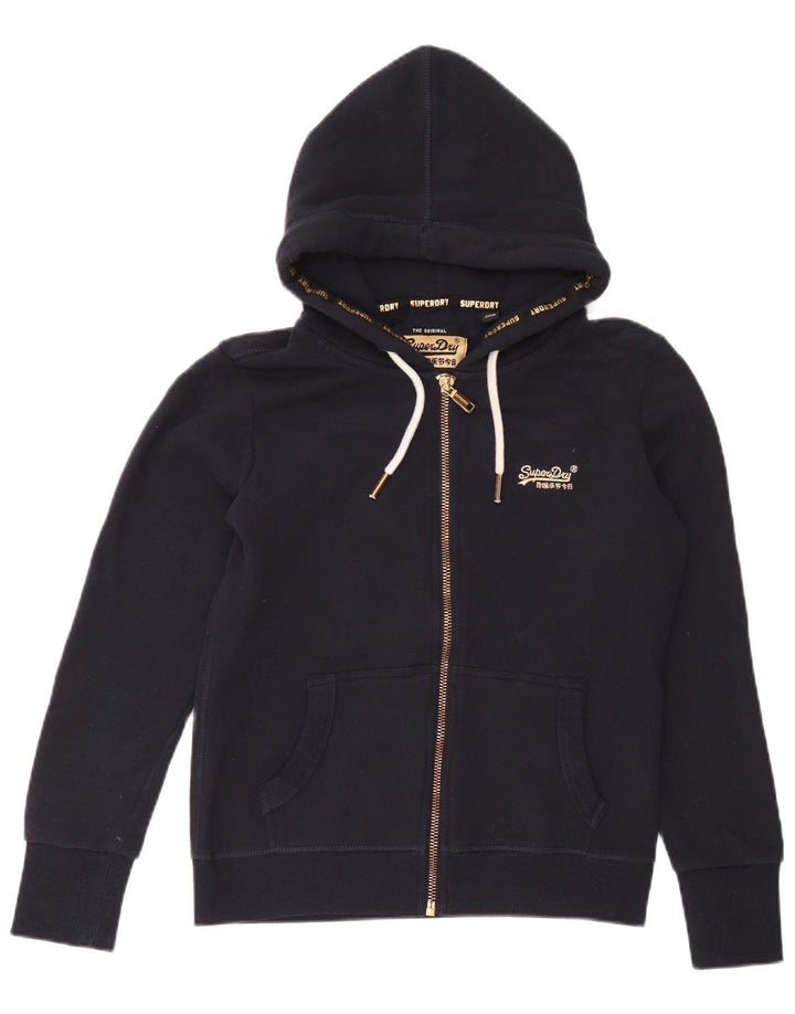 Suéter feminino Superdry com capuz e zíper gráfico UK 12 algodão azul marinho médio