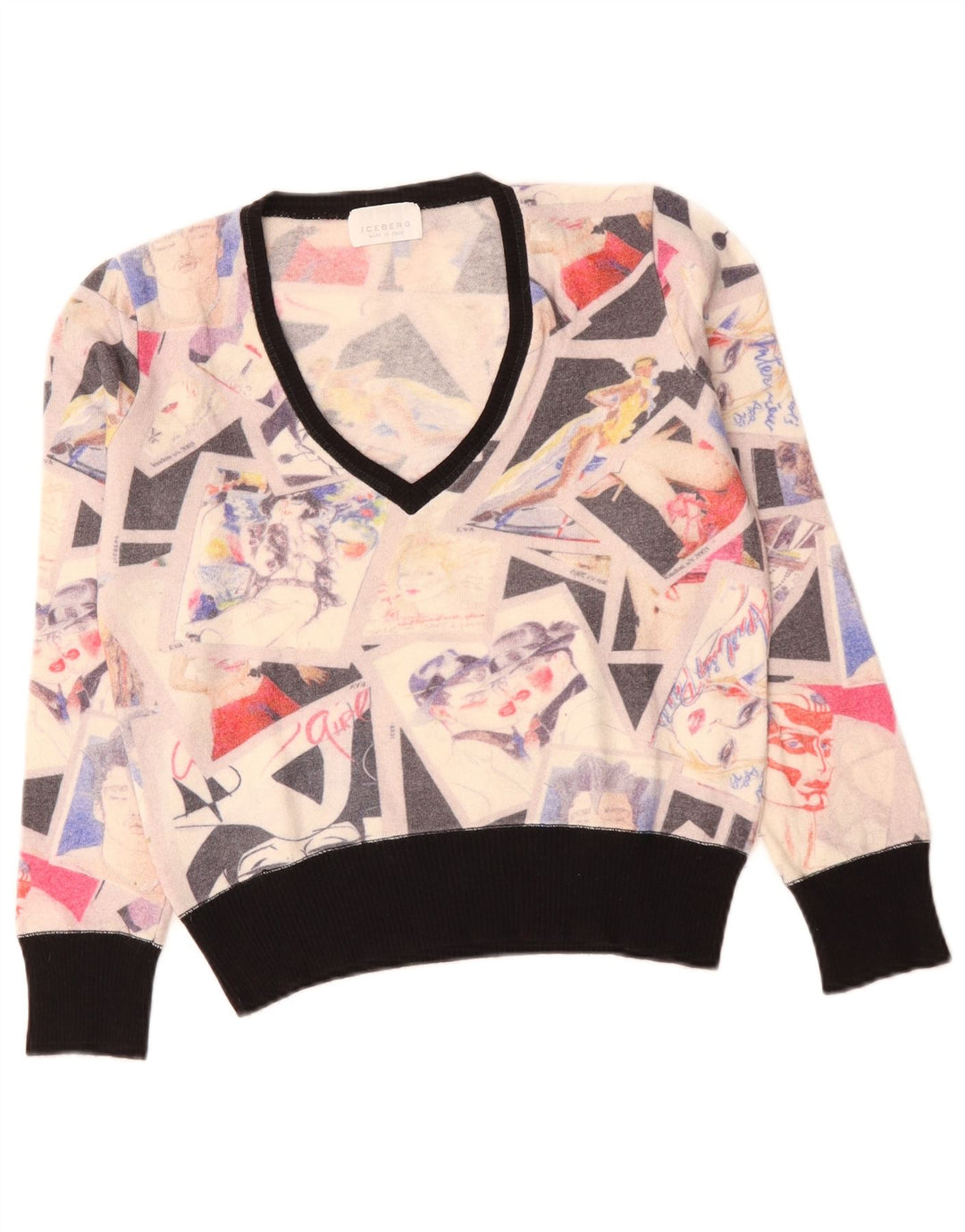 Suéter feminino Iceberg com decote em V IT 46 grande bloco colorido branco