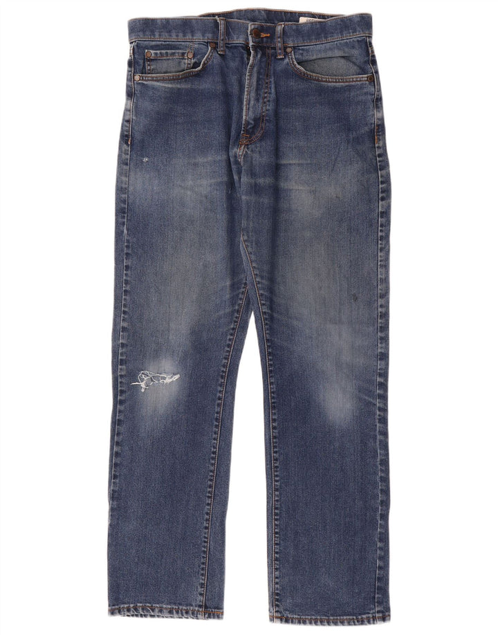 Marks & Spencer Calça jeans reta regular masculina desgastada W32 L31 algodão azul