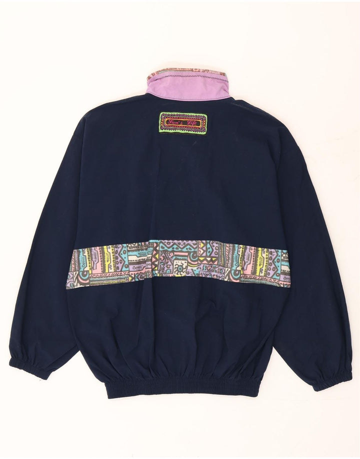 Fato de treino feminino vintage UK 10 pequeno azul marinho poliamida geométrica