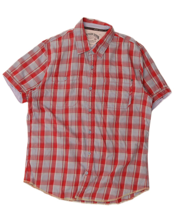 Camisa masculina de manga curta Tommy Hilfiger grande algodão xadrez vermelho