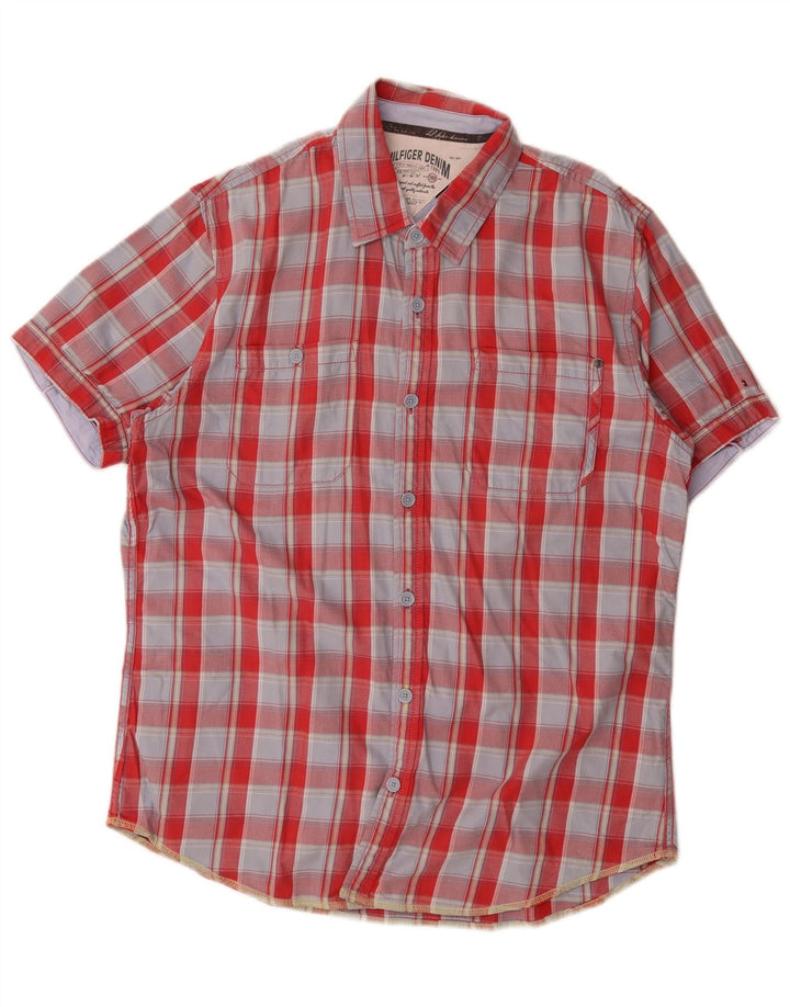 Camisa masculina de manga curta Tommy Hilfiger grande algodão xadrez vermelho