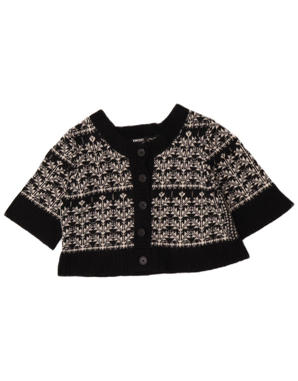 Suéter cardigã feminino Dkny de manga curta UK 12 médio preto Fair Isle