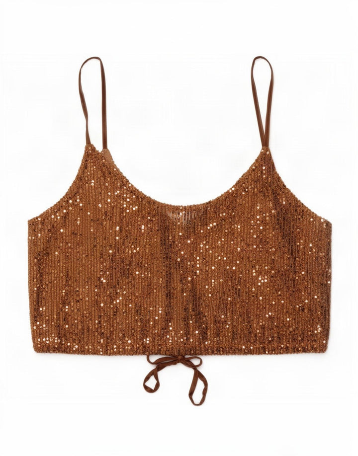 Zara Womens Sequin Crop Top UK 14 Grande Marrom Poliéster