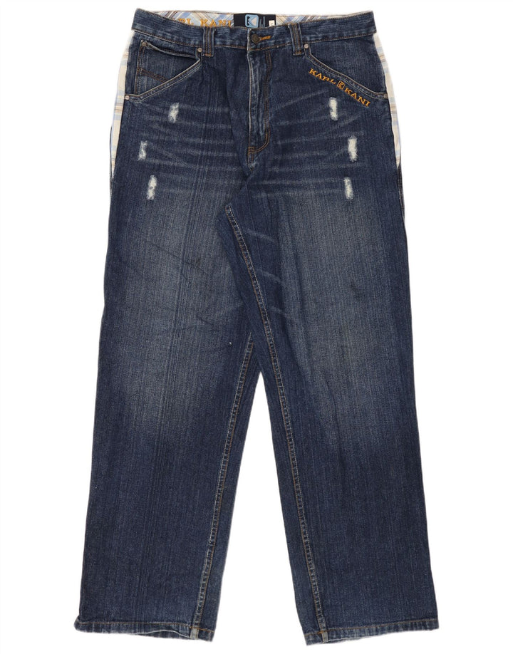 Karl Kani Calça jeans reta masculina desgastada W34 L34 azul xadrez algodão