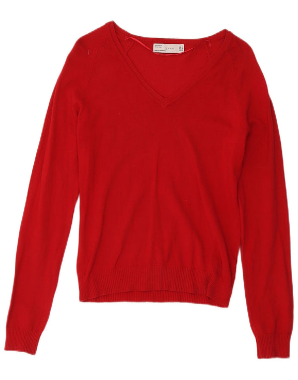 Suéter feminino Zara com decote em V Reino Unido 12 algodão vermelho médio