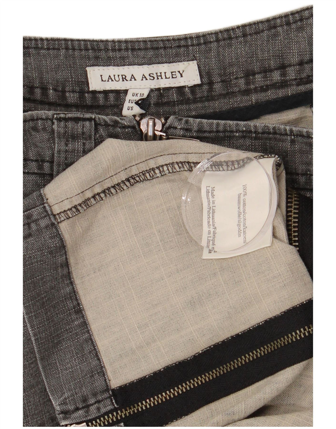 Saia jeans feminina Laura Ashley Cargo UK 10 pequena W28 algodão cinza