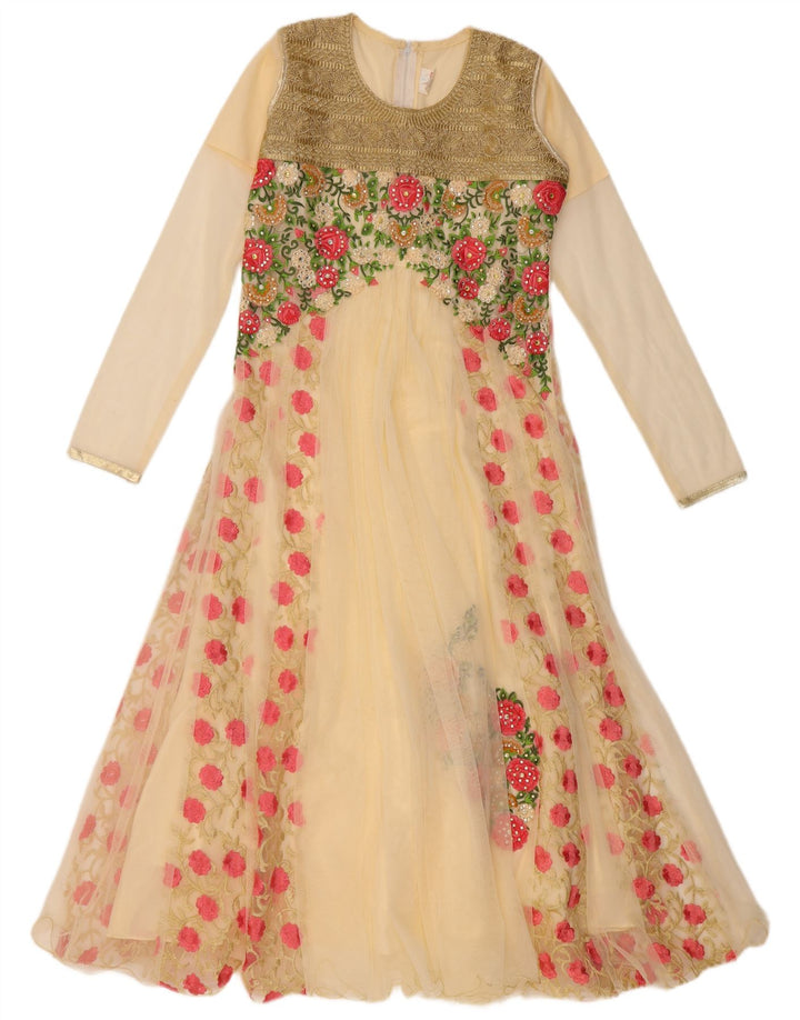 Vestido feminino VINTAGE manga comprida linha A US 6 médio bege floral