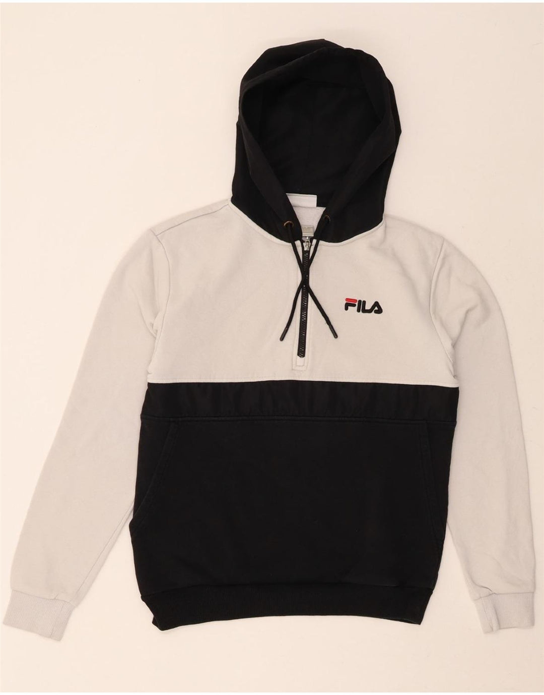 FILA Mens Hoodie Jumper Small Black Colourblock Cotton Vintage Fila and Second-Hand Fila from Messina Hembry 