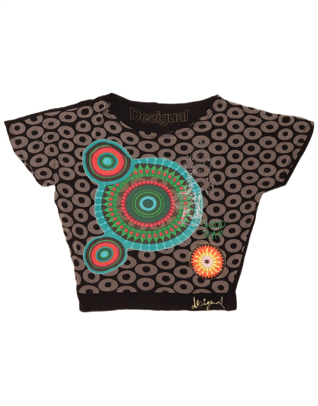 Blusa gráfica feminina Desigual Top UK 14 médio preto viscose geométrica