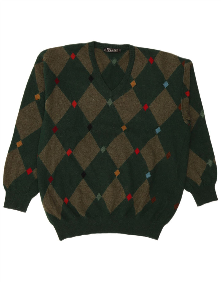 Andrea Fenzi Suéter masculino com decote em V IT 50 Médio Verde Argyle/Diamante