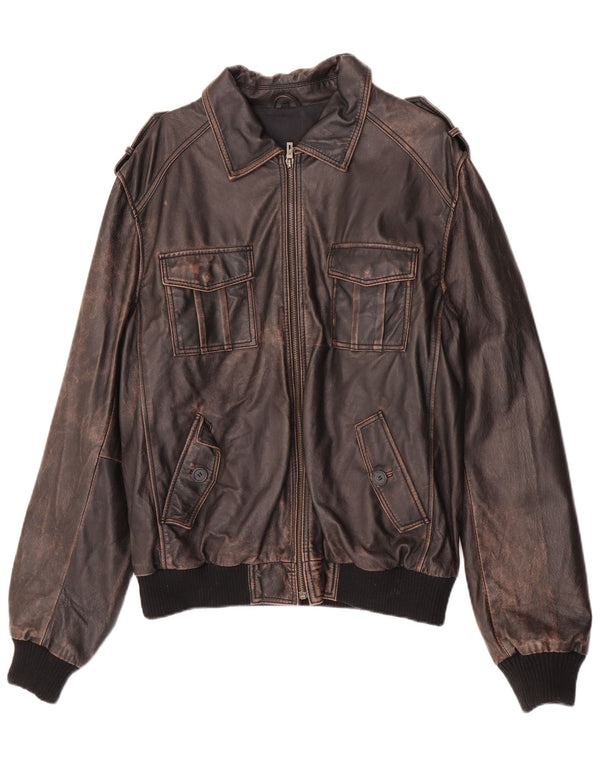 ENJOY Jaqueta masculina de couro militar UK 42 XL couro marrom
