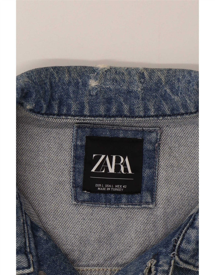 Jaqueta jeans masculina Zara Artist Graphic envelhecida Reino Unido 42 patchwork azul grande