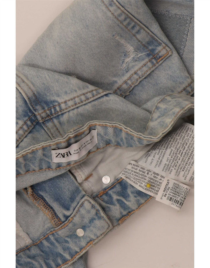 Zara Shorts jeans feminino desgastado UE 36 XS W26 azul patchwork algodão