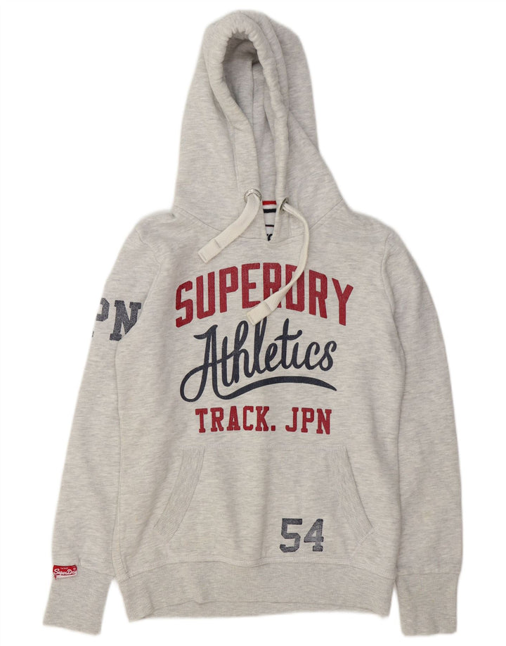 Suéter com capuz gráfico feminino Superdry UK 12 algodão manchado cinza médio