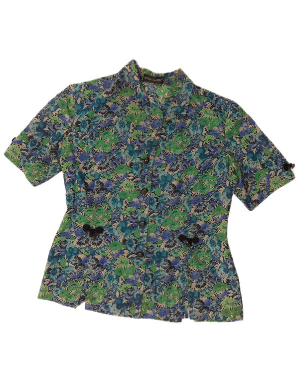 Blusa feminina vintage de manga curta UK 14 grande acetato floral verde