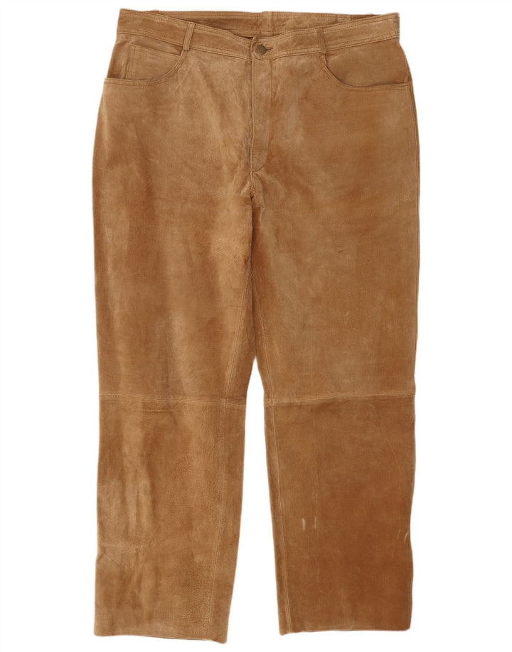 Calça masculina de camurça reta JCC W40 L30 couro bege