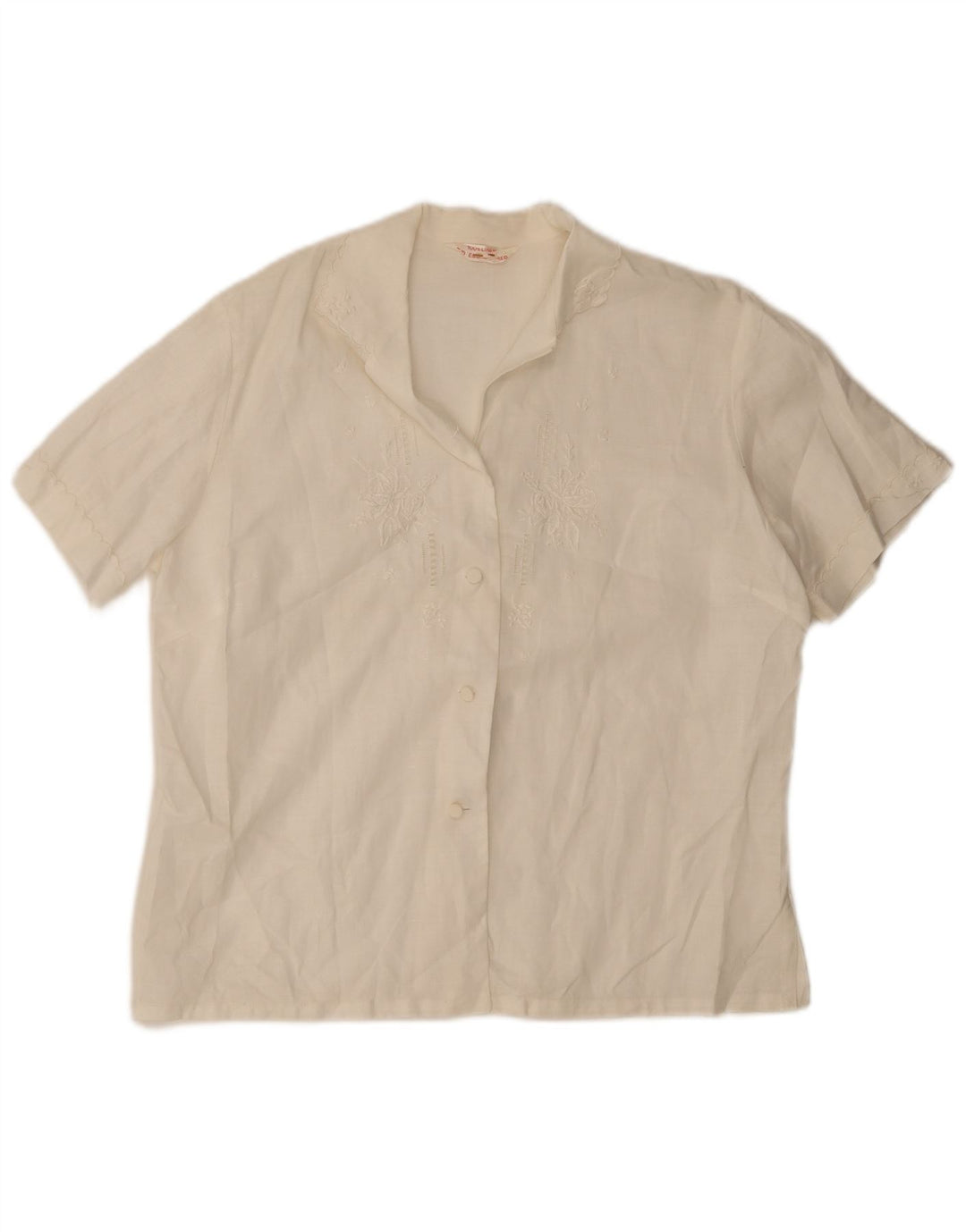 Camisa feminina vintage de manga curta IT 42 linho floral branco médio