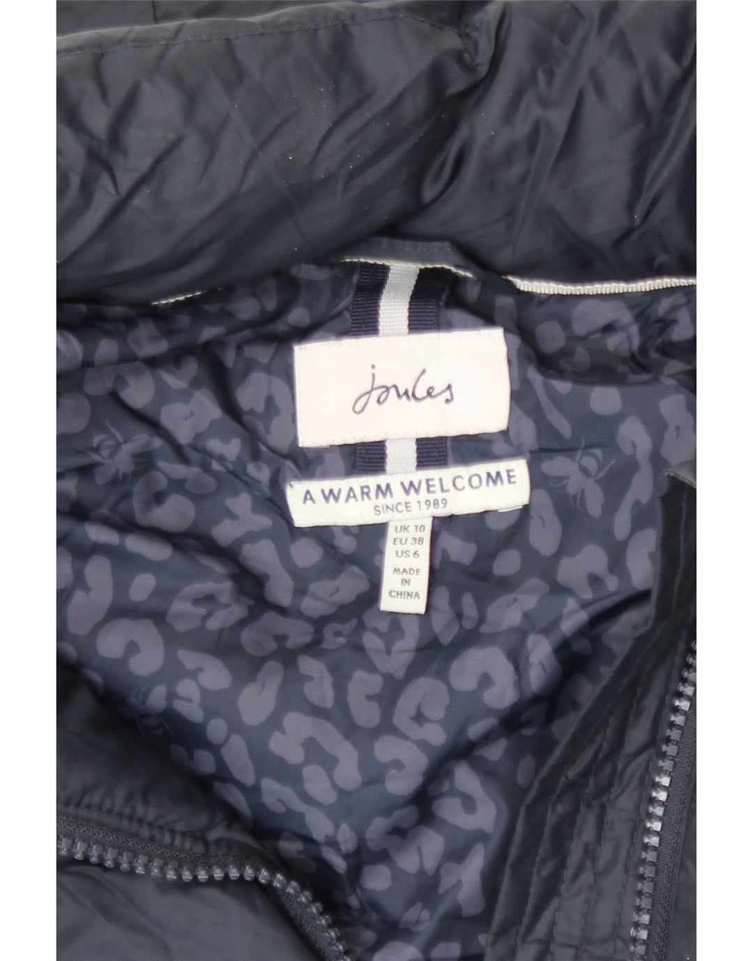 Casaco feminino Joules com capuz e acolchoado de grandes dimensões UK 10 pequeno poliéster azul marinho